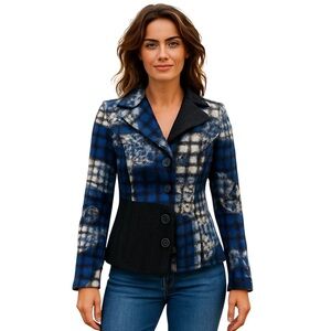 Linea Domani Felted Wool Blend Jacket Blazer Blue Black White Size L Button Up